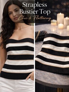 White House Black Market Strapless Bustier Top Size 4 Black White Tan Corset Top
